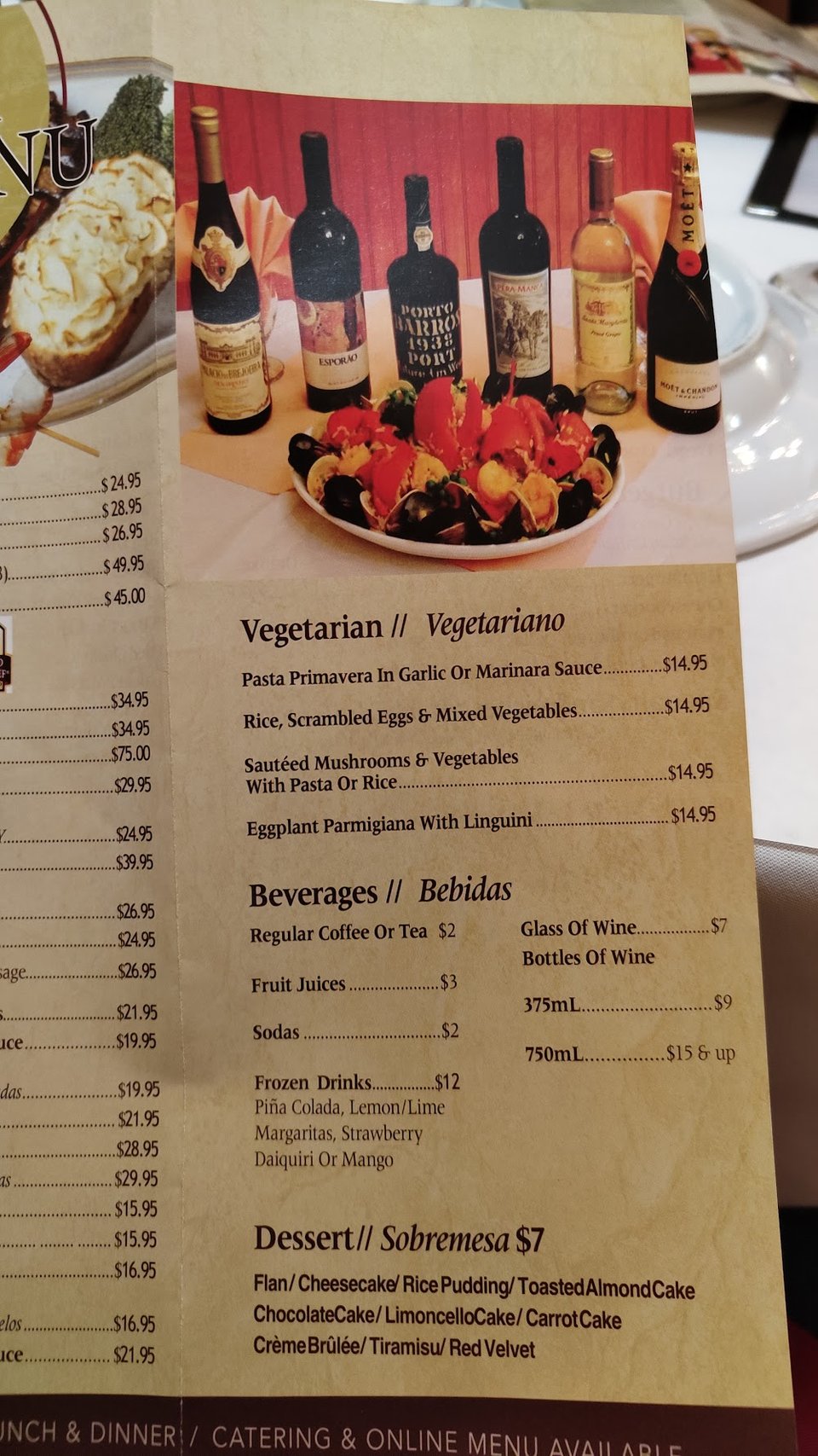 Menu page with classic Portuguese restaurant selections.